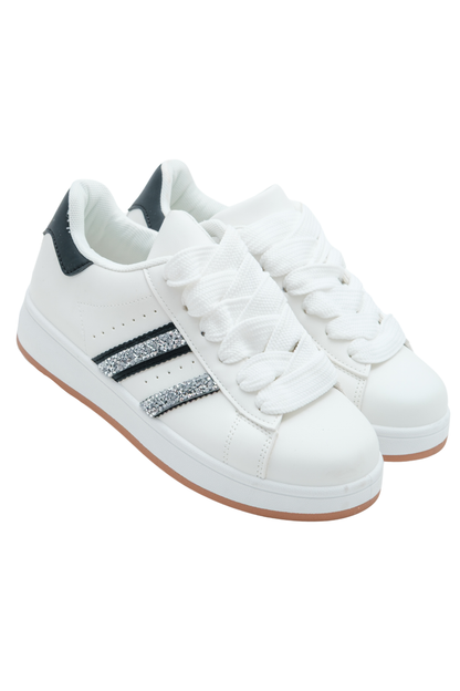 Crystal Stripe Trainers Limited Edition White, drawing attention to rubber sole for grip and durability