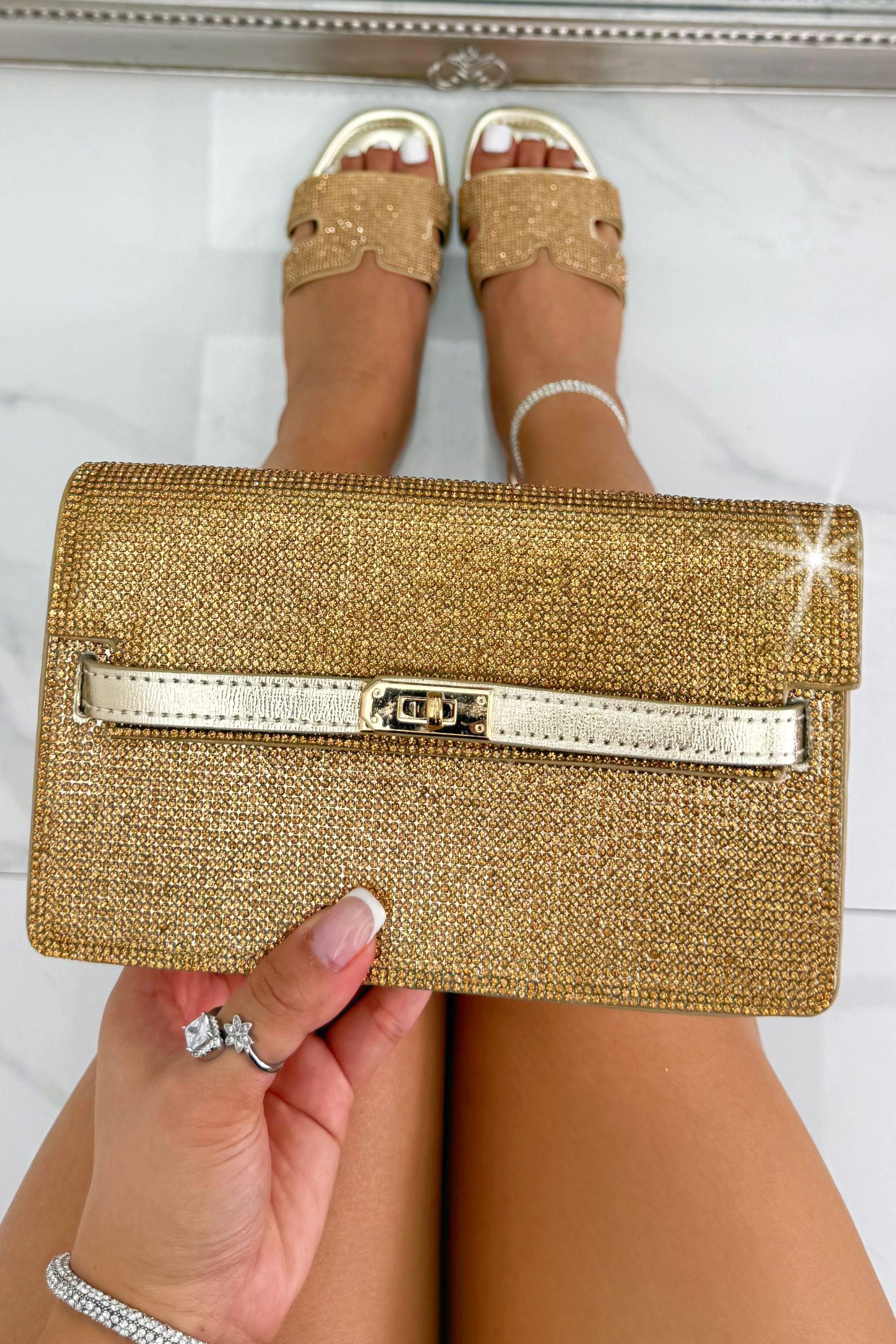 Crystal Rhinestone Chain Strap Evening Clutch Bag Gold designed with dazzling rhinestone accents for a chic statement look.