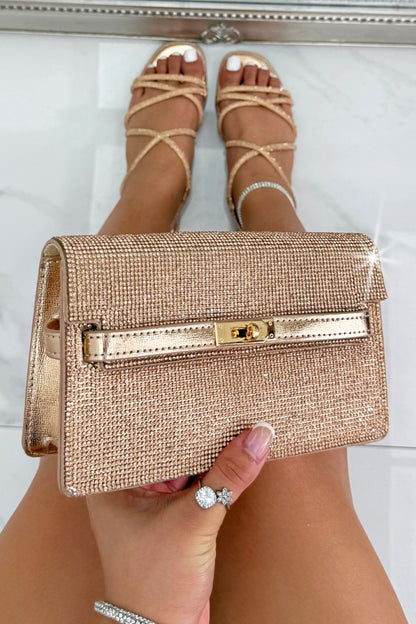 Crystal Rhinestone Chain Strap Evening Clutch Bag Rose Gold with shimmering crystal embellishments, perfect for occasionwear and evening styling.