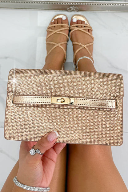 Crystal Rhinestone Chain Strap Evening Clutch Bag Rose Gold featuring sparkling rhinestone detailing and a glamorous evening-ready finish.