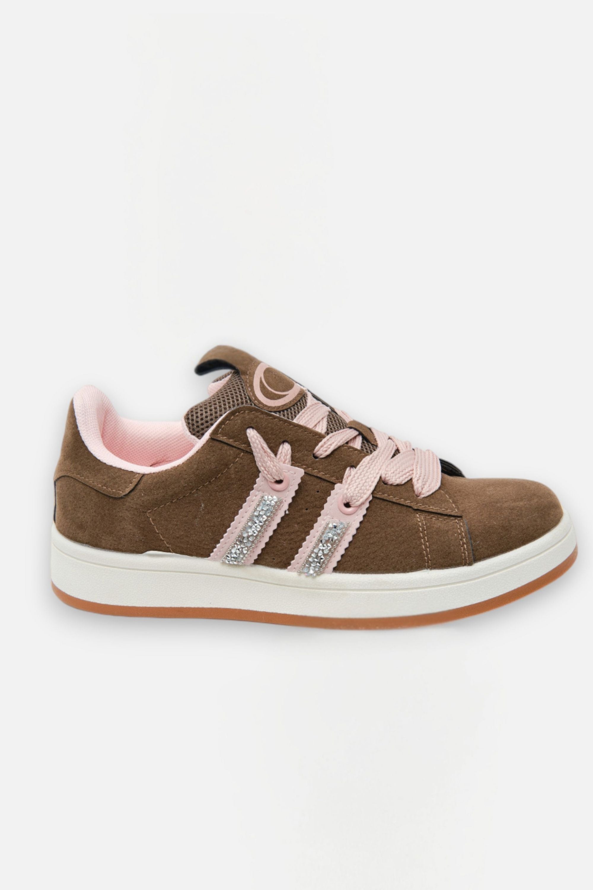 Crystal Velvet Stripe Trainers Brown, with emphasis on soft padded textile lining in blush pink for all-day comfort
