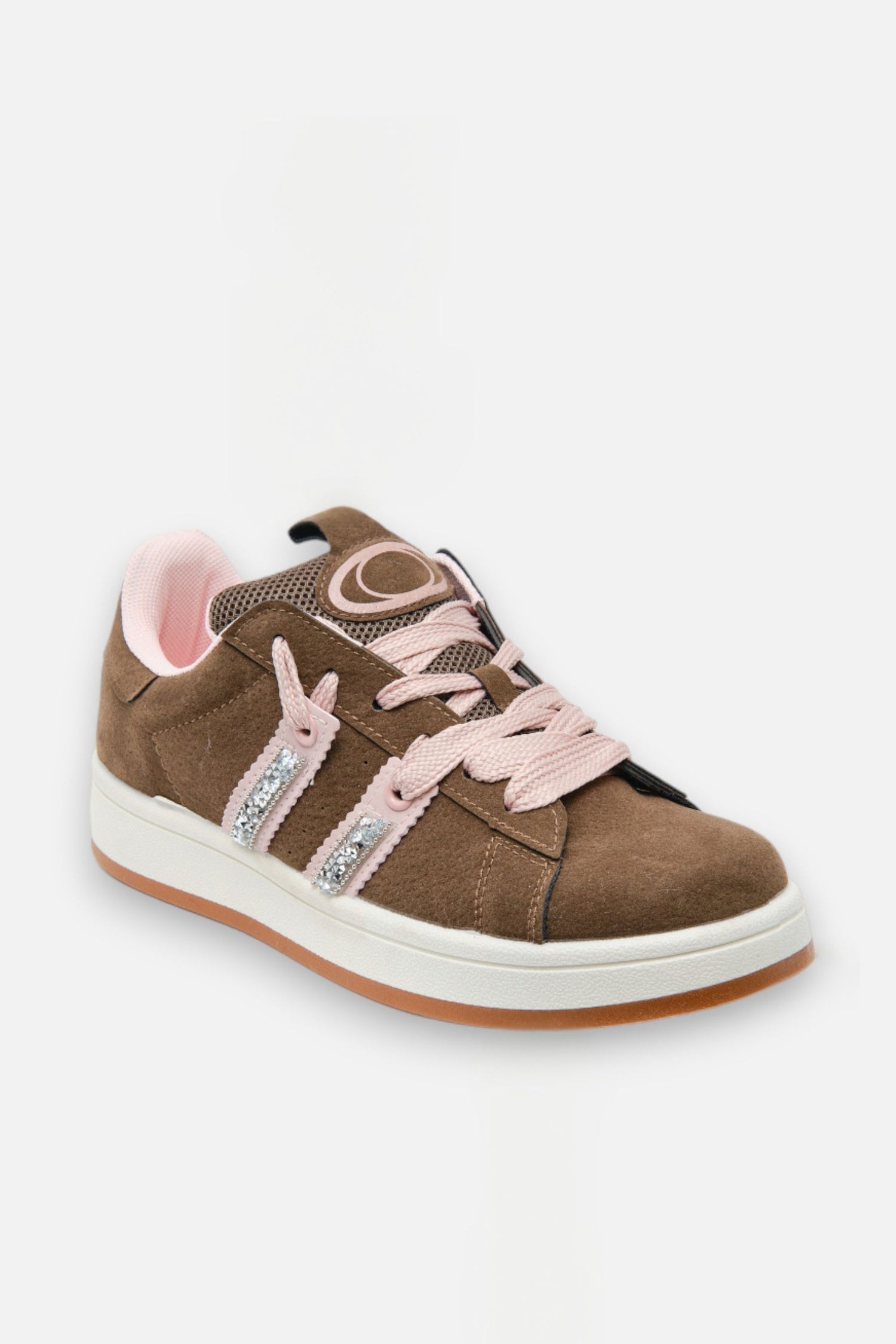 Crystal Velvet Stripe Trainers Brown, capturing chunky white rubber midsole with a contrasting gum outsole