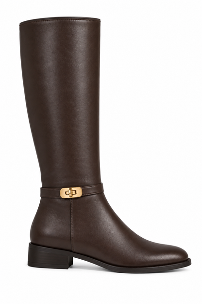 Mayfair Luxe Iconic Buckle Leather Look High Boots Coffee Brown
