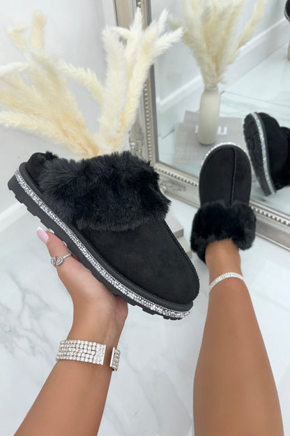 Sparkly Deluxe Snugg Slippers Black featuring faux Fur Trim