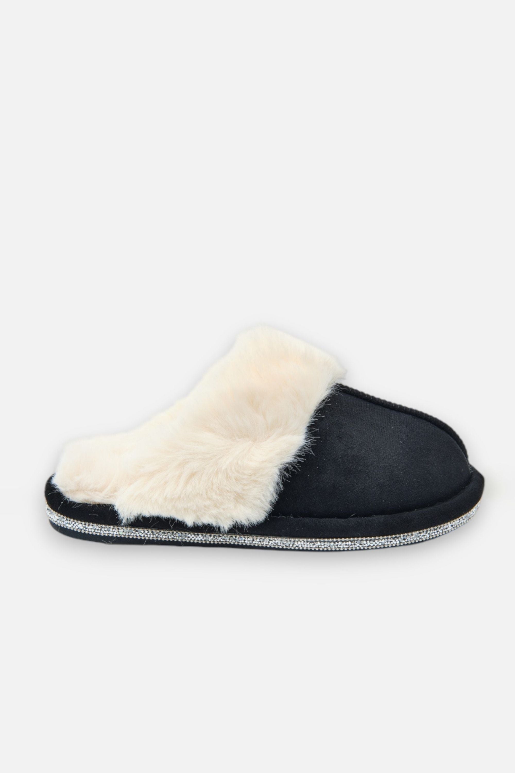 Crystal Trim Cosy Slippers Black, showcasing faux Fur Trim