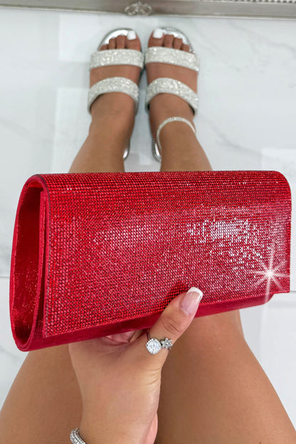 Crystal Sparkle Clutch Bag Red with sparkling crystal embellishments and elegant occasionwear appeal.