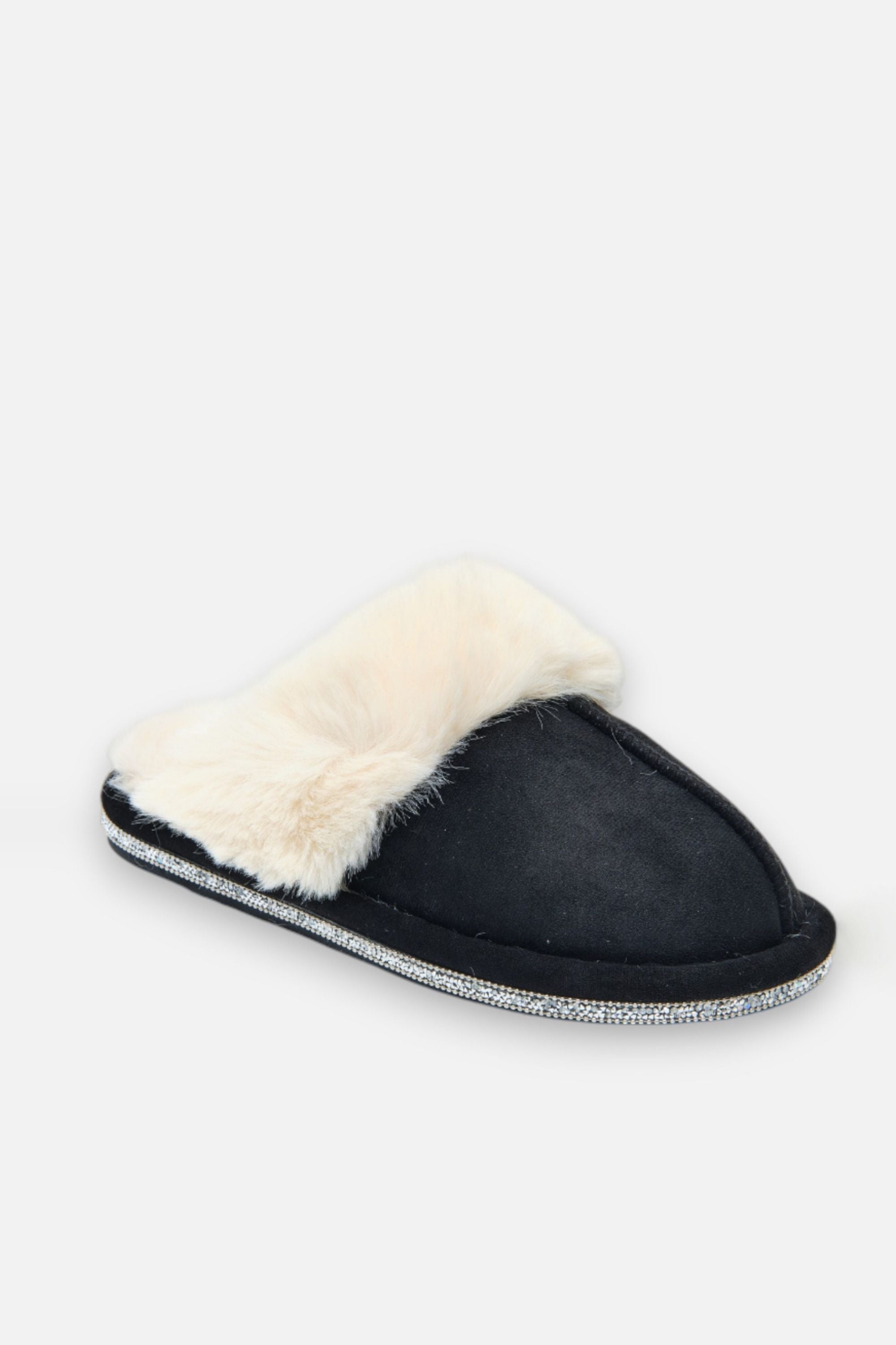 Crystal Trim Cosy Slippers Black, drawing attention to soft Material Outer