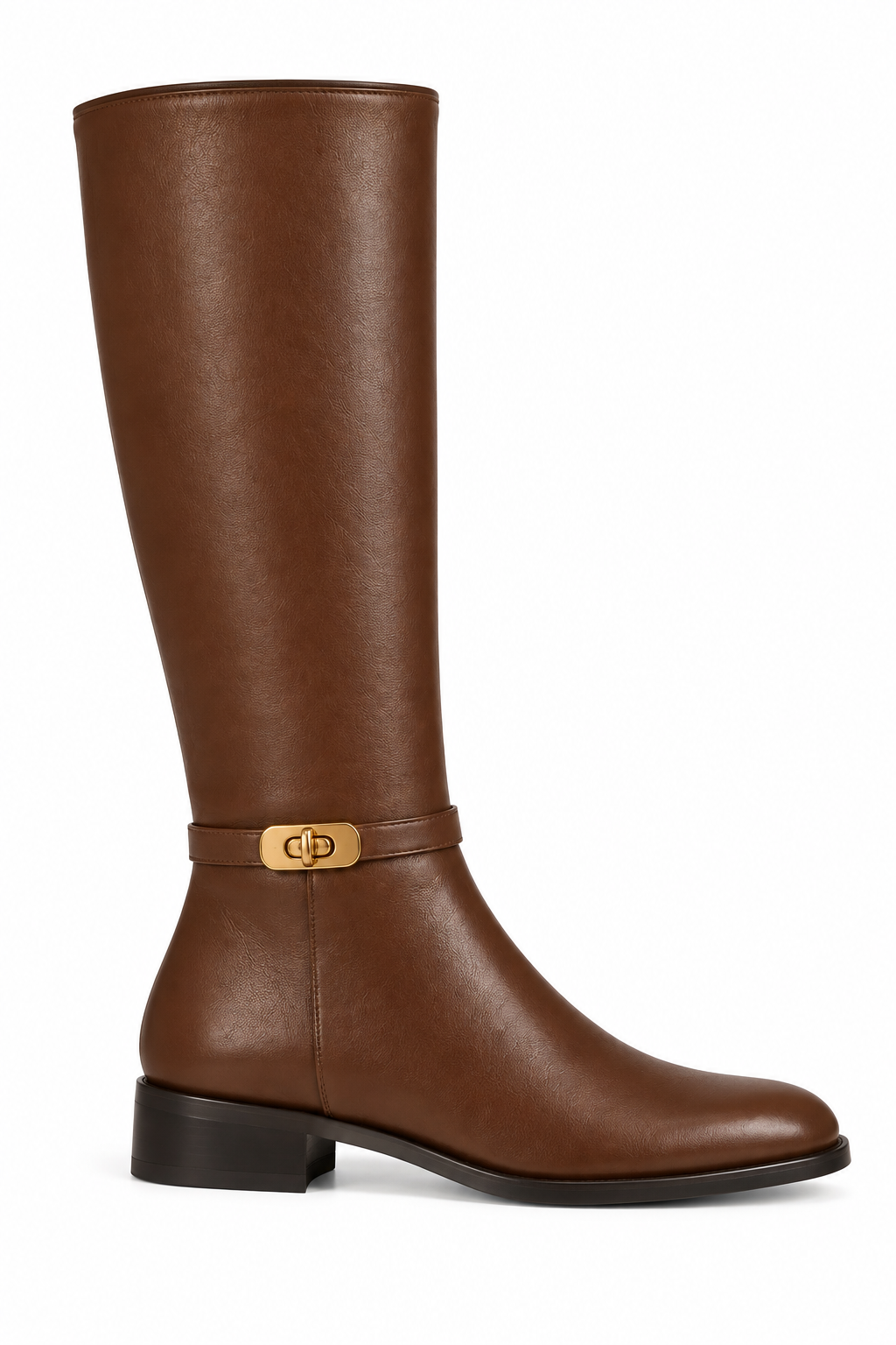Mayfair Luxe Iconic Buckle Leather Look High Boots Camel