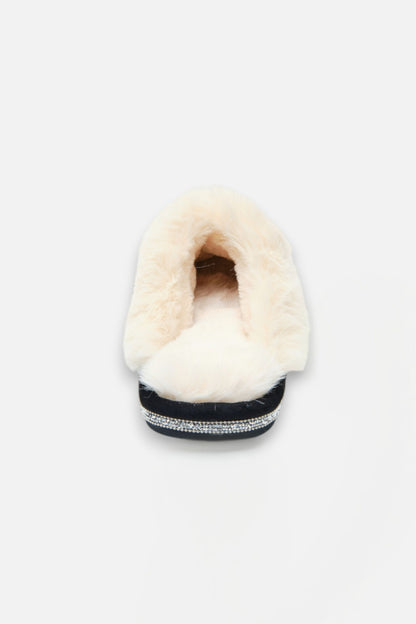 Crystal Trim Cosy Slippers Black, featuring wipe Clean