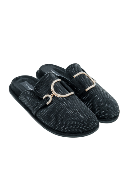 Crystal Imperial Suede Slip On Clog Mules Black, featuring crystal embellished buckle detail