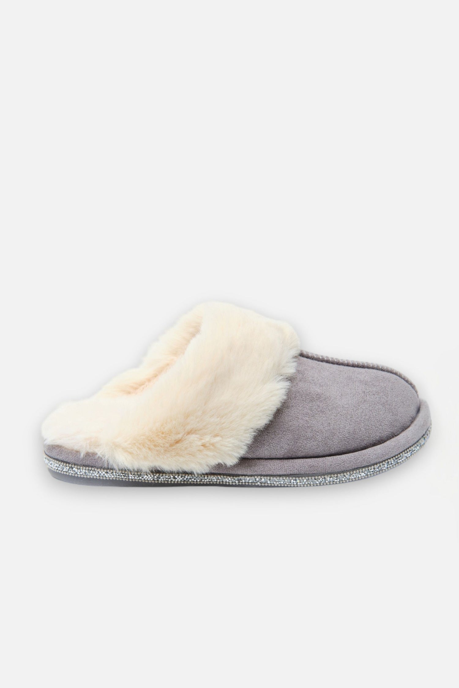 Crystal Trim Cosy Slippers Grey, focused on soft Material Outer