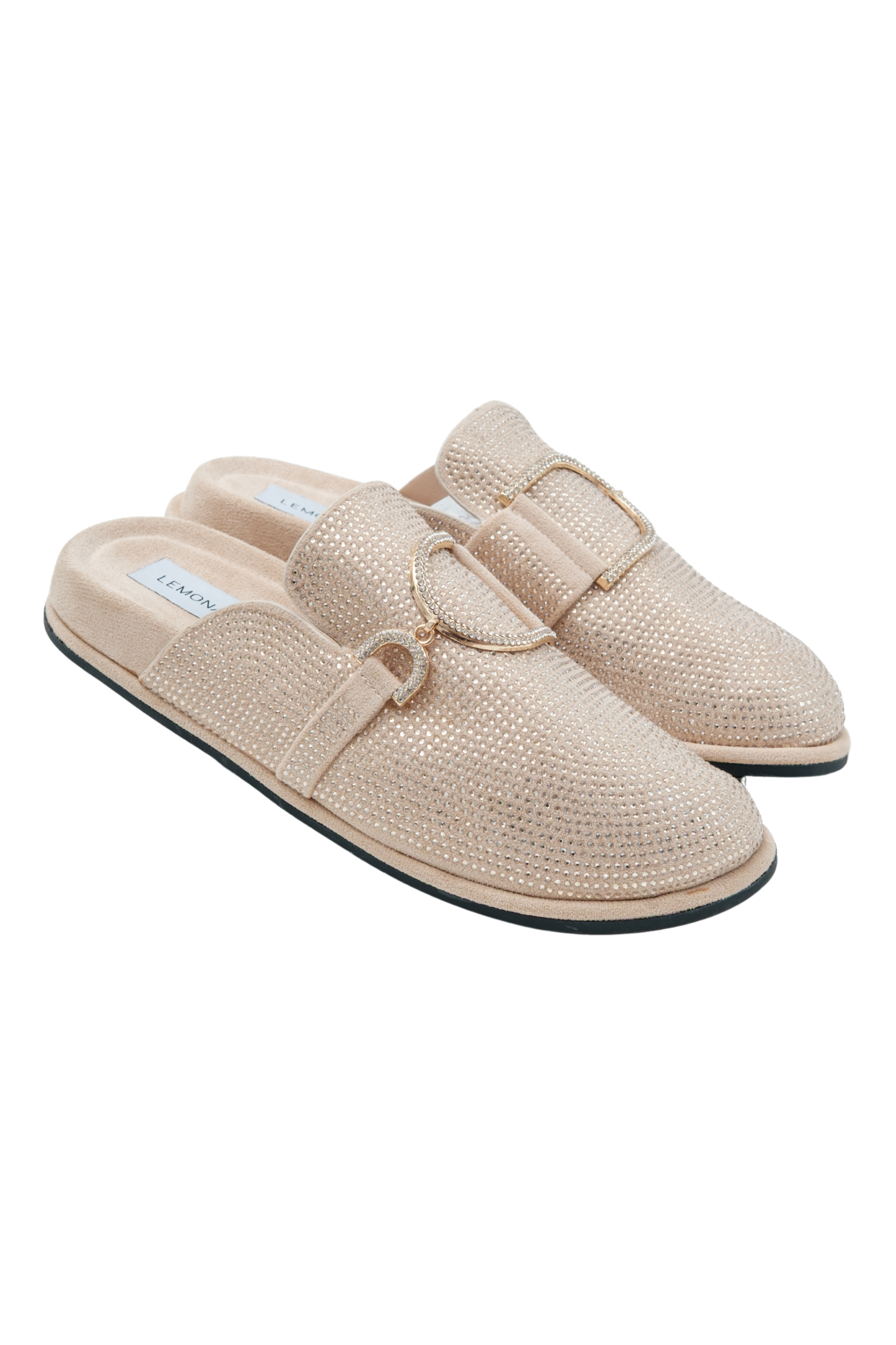 Crystal Imperial Suede Slip On Clog Mules Nude, featuring soft faux suede upper with sparkling crystal finish