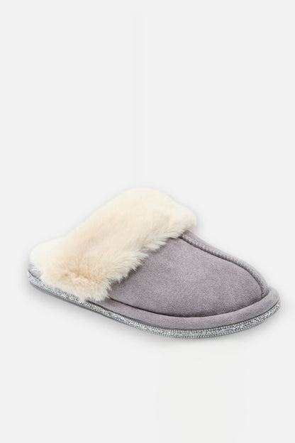 Crystal Trim Cosy Slippers Grey, featuring wipe Clean