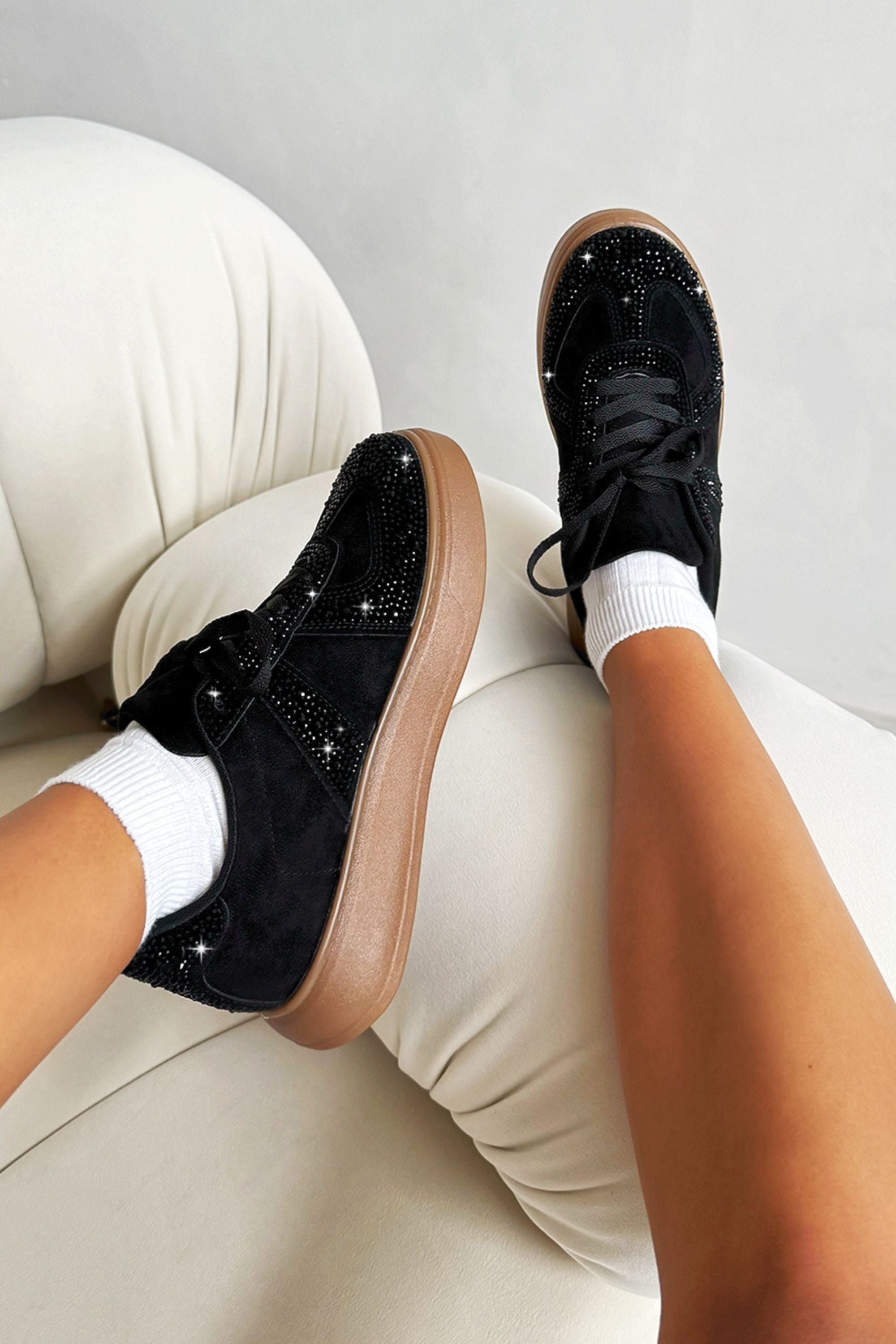 Crystal Sprinkle Dash Trainers Black featuring faux suede with crystal embellishments