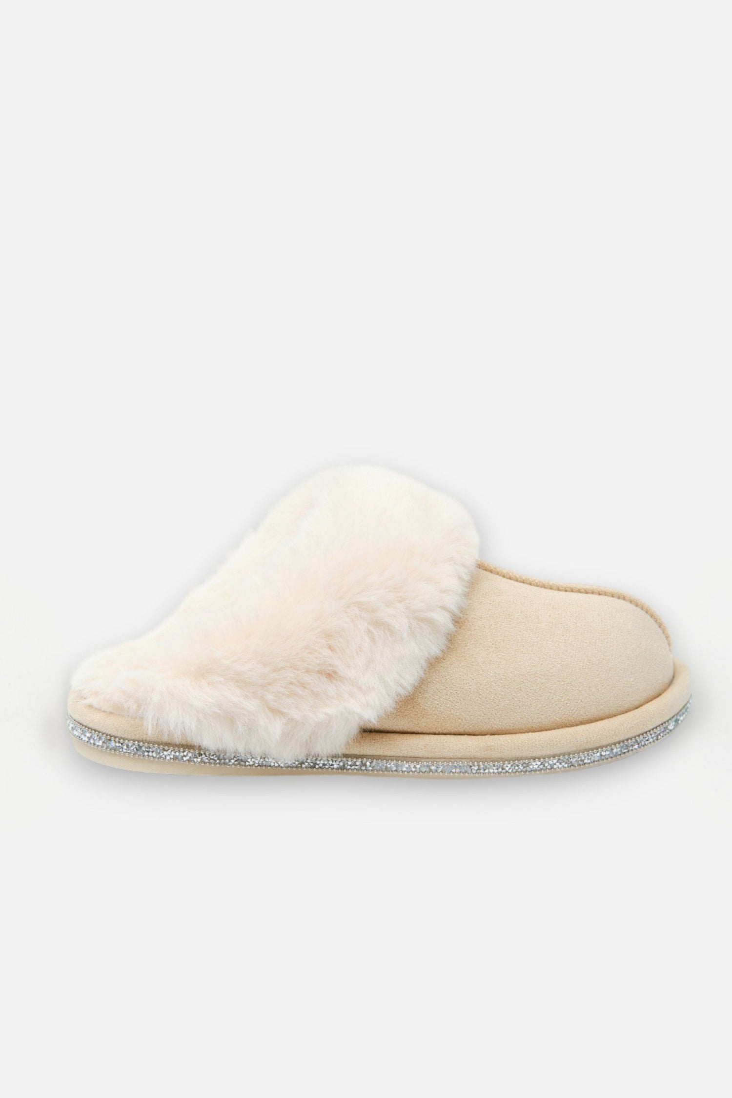 Crystal Trim Cosy Slippers Nude, showcasing faux Fur Trim