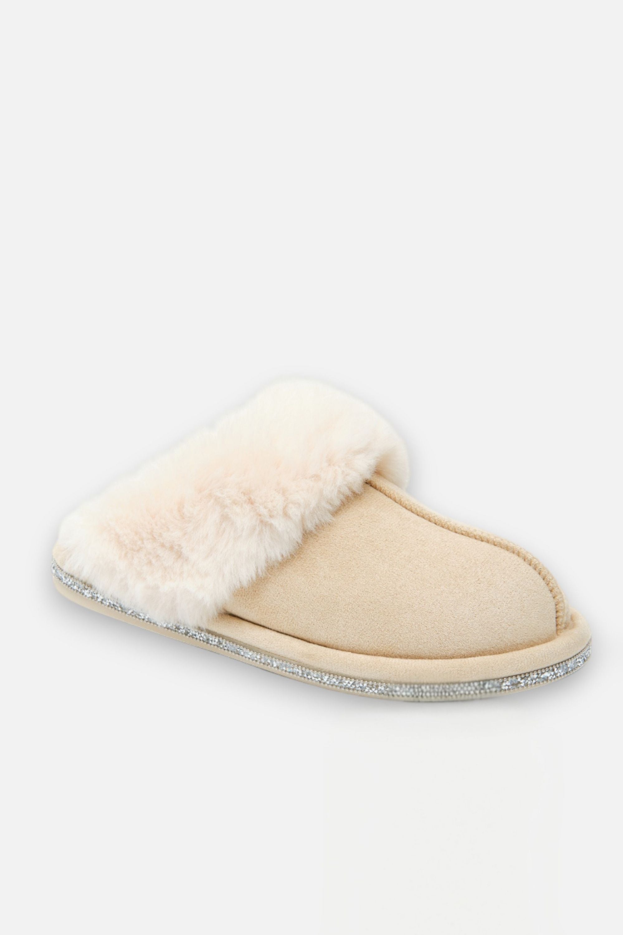 Crystal Trim Cosy Slippers Nude, showing soft Material Outer