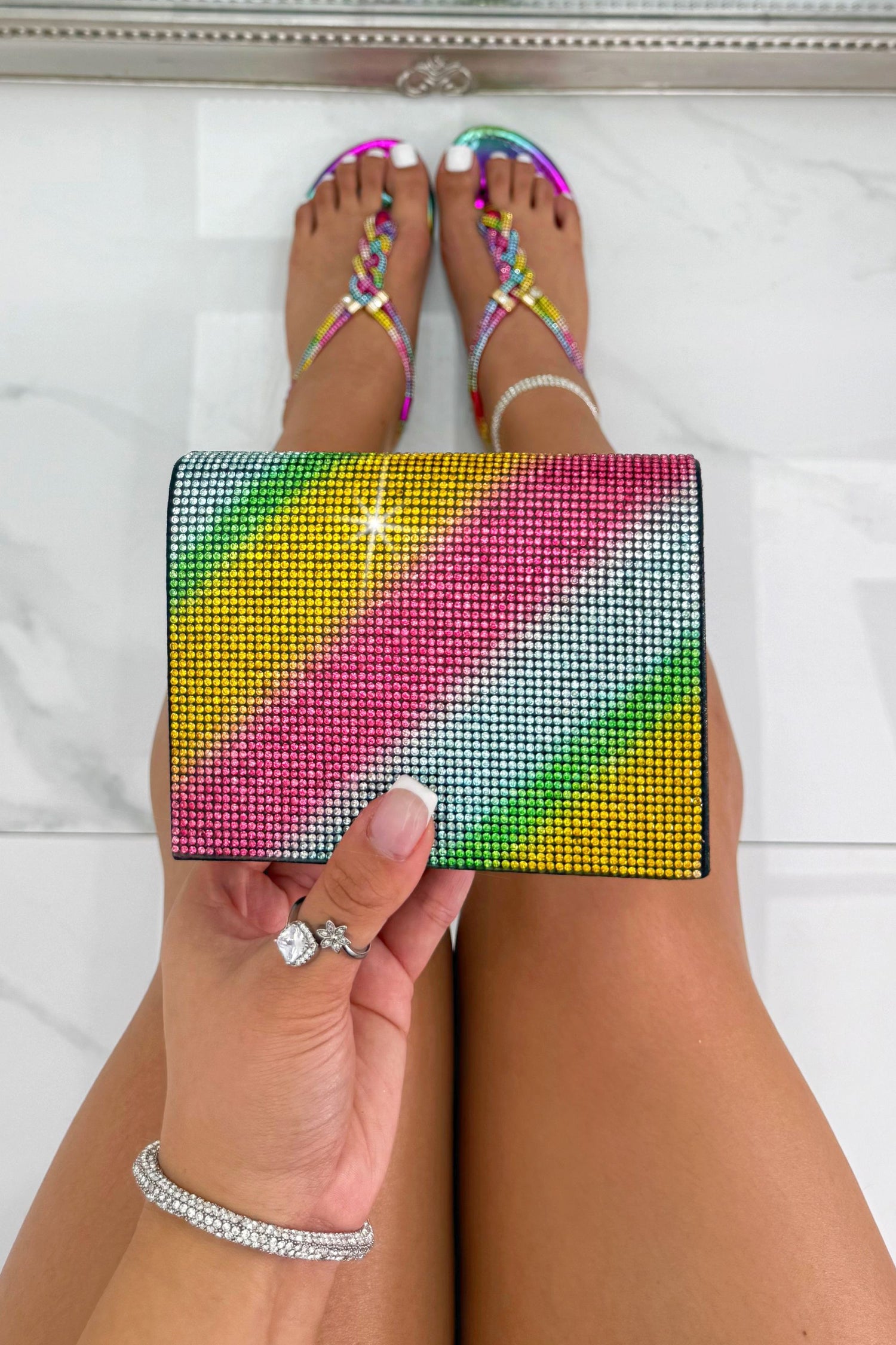 Crystal Icon Sparkly Rhinestone Chain Strap Mini Clutch Bag Rainbow showcasing sparkling crystal detailing and a sleek party-ready silhouette.
