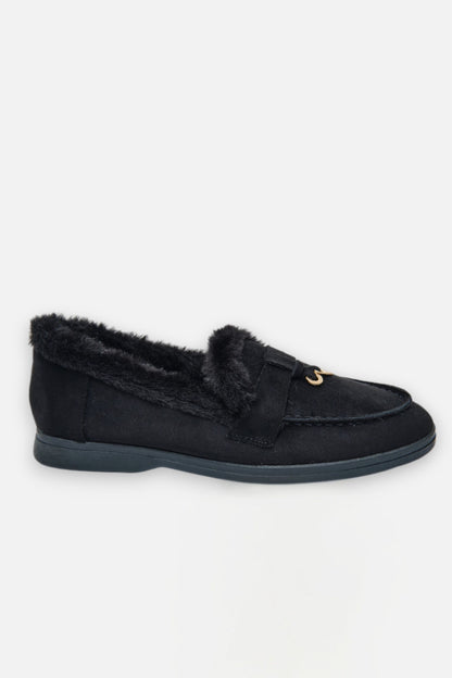 Velvet Crush Loafers Black, showcasing soft faux fur inner trim for added comfort