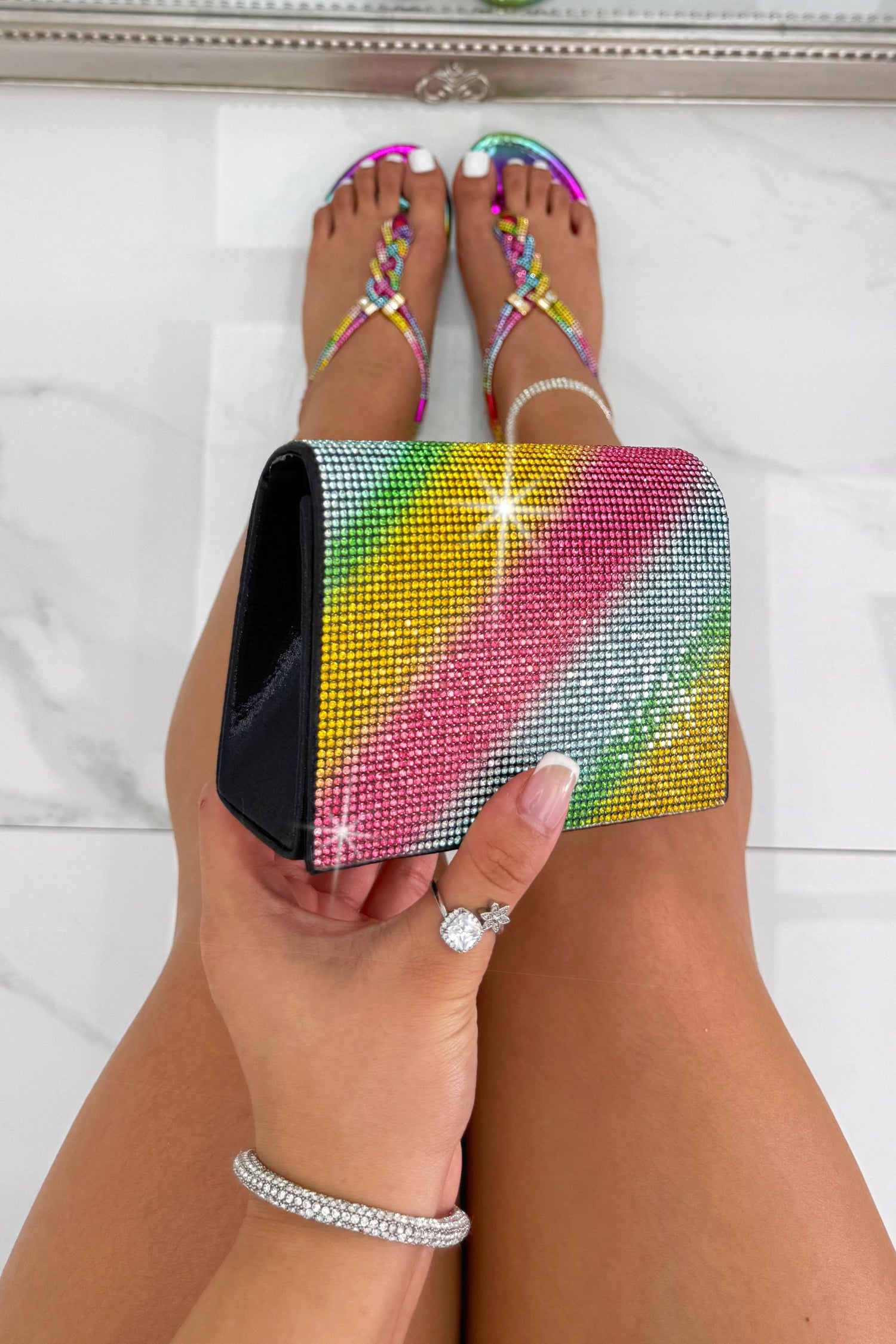 Crystal Icon Sparkly Rhinestone Chain Strap Mini Clutch Bag Rainbow featuring sparkling rhinestone detailing and a glamorous evening-ready finish.