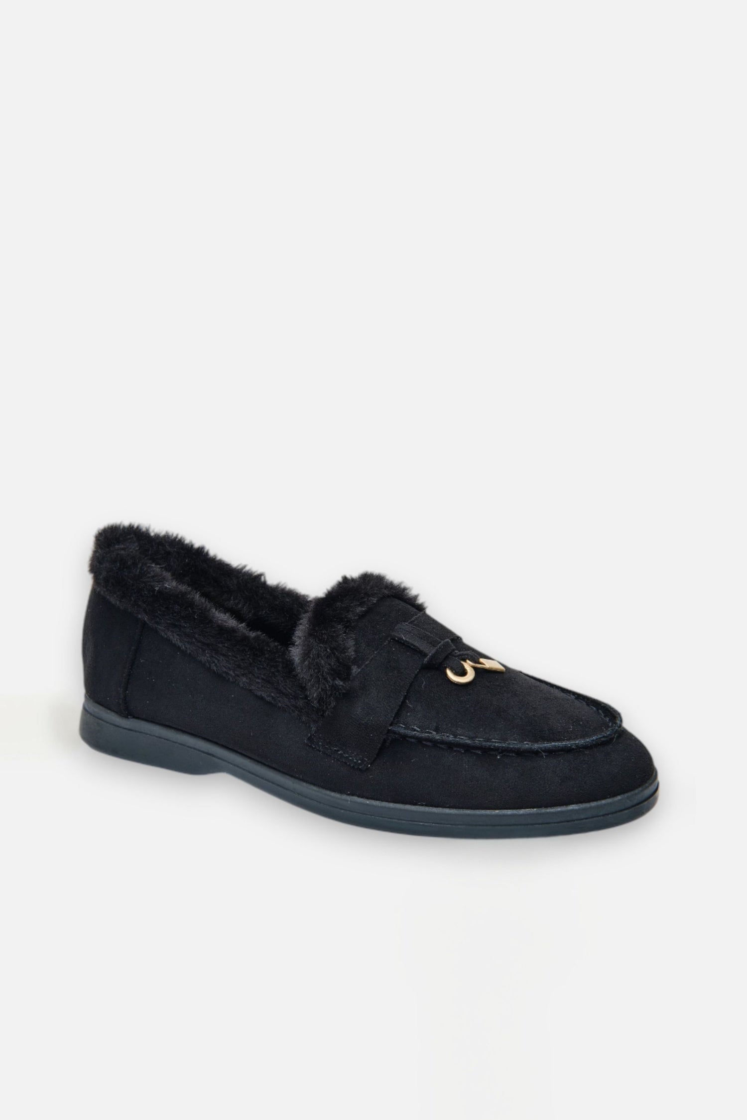 Velvet Crush Loafers Black, focused on decorative gold-tone ring and strap across upper