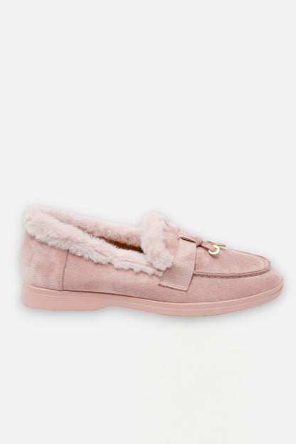 Velvet Crush Loafers Pink, bringing attention to soft faux fur inner trim for added comfort