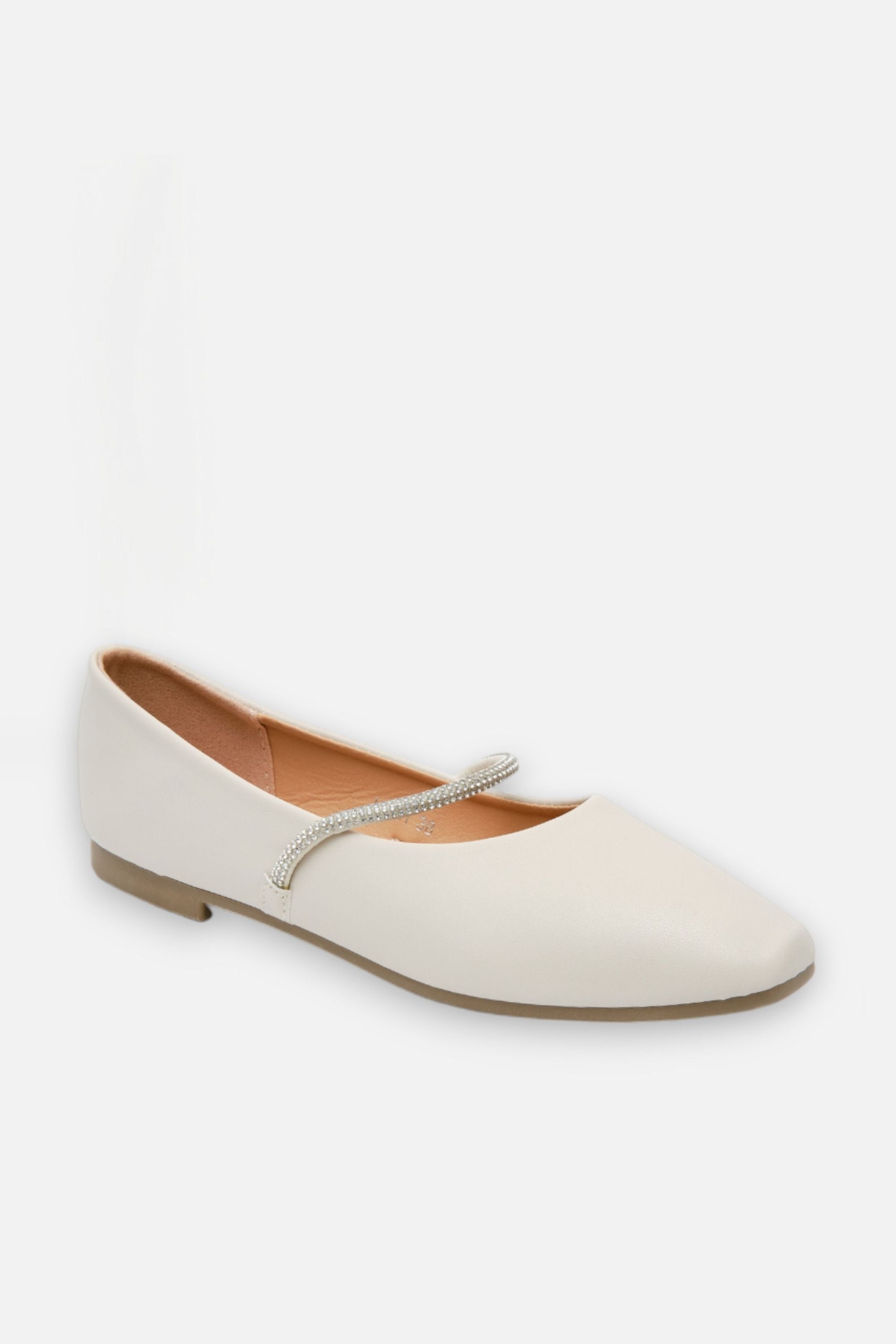 Crystal Belle Dolly Shoes Nude, featuring slim rubber sole for comfort and grip