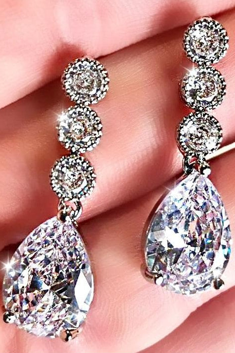 Crystal Dangly Teardrop Earrings Silver finished with crystal &amp; Drop Down Design