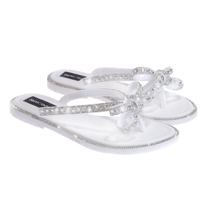 Crystal Glamour Bow Flip Flops Limited Edition White, featuring toe-Posts