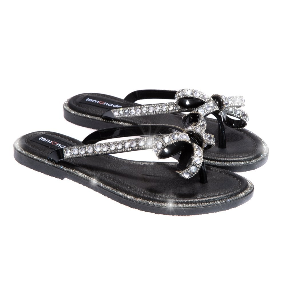 Crystal Glamour Bow Flip Flops Limited Edition Black, featuring toe-Posts