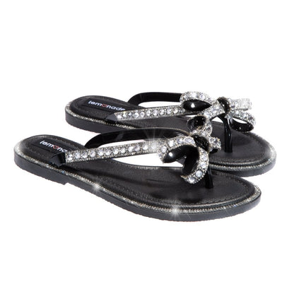 Crystal Glamour Bow Flip Flops Limited Edition Black, featuring toe-Posts