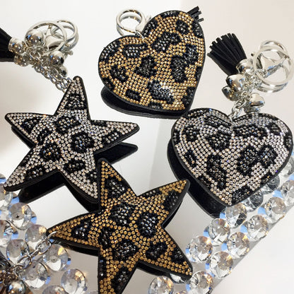 Crystal Padded Heart Keyring Leopard, drawing attention to tassle Material