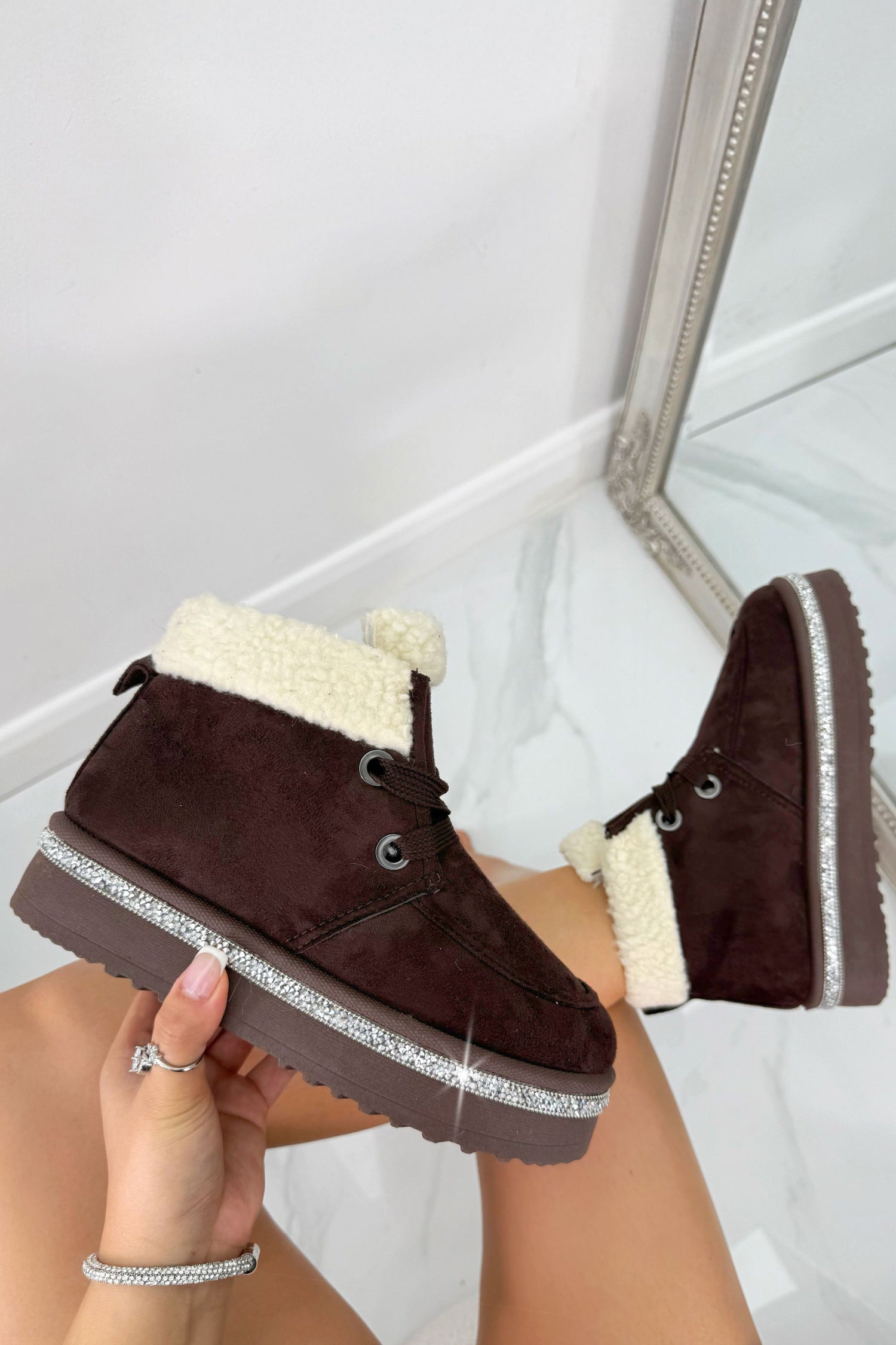 Crystal Luxe Lodge Faux Fur Lined Boots Brown