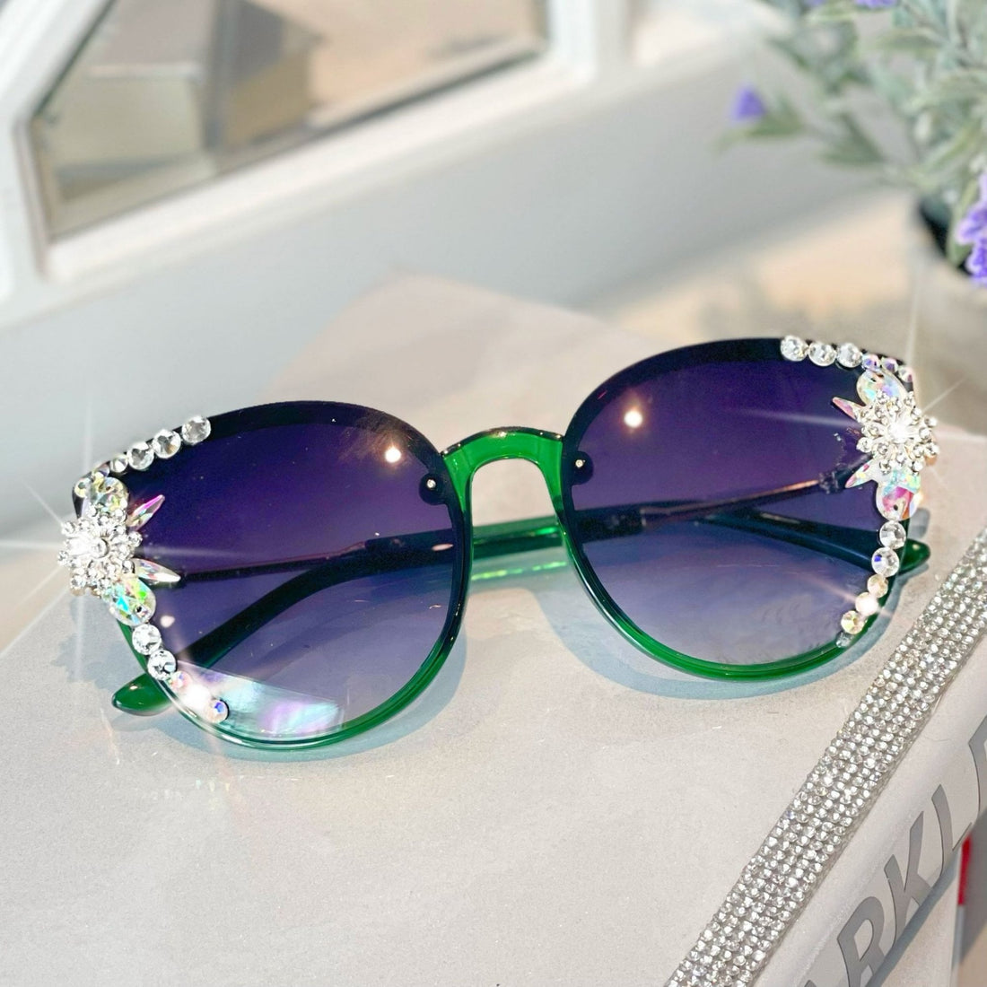 Crystal Sparkle Sunglasses Green **3 WEEK WAITING LIST** with thin Delicate Rims