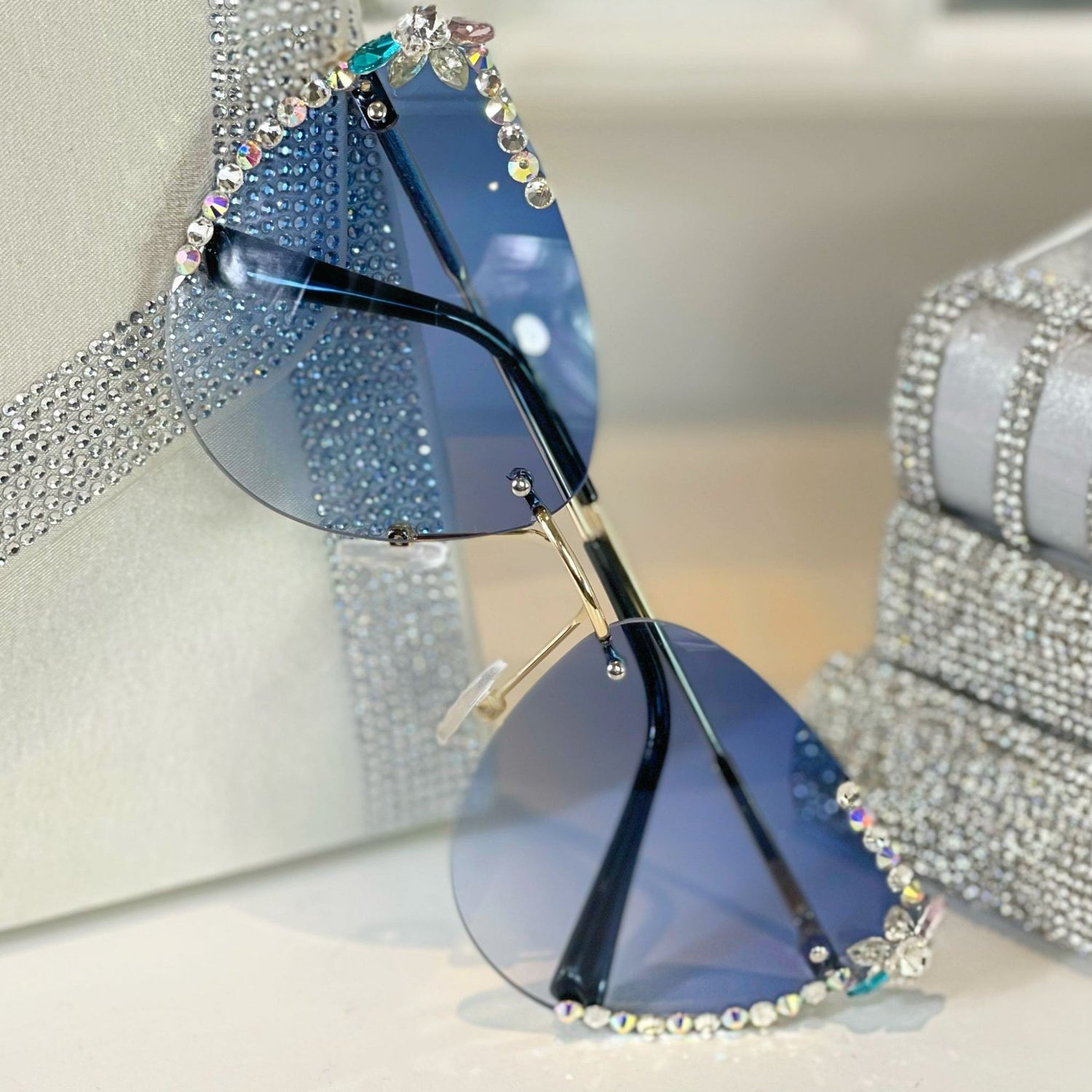 Crystal Celebrity Sunglasses Blue **4 WEEK WAITING LIST** with rimless Crystal Embellished Lenses