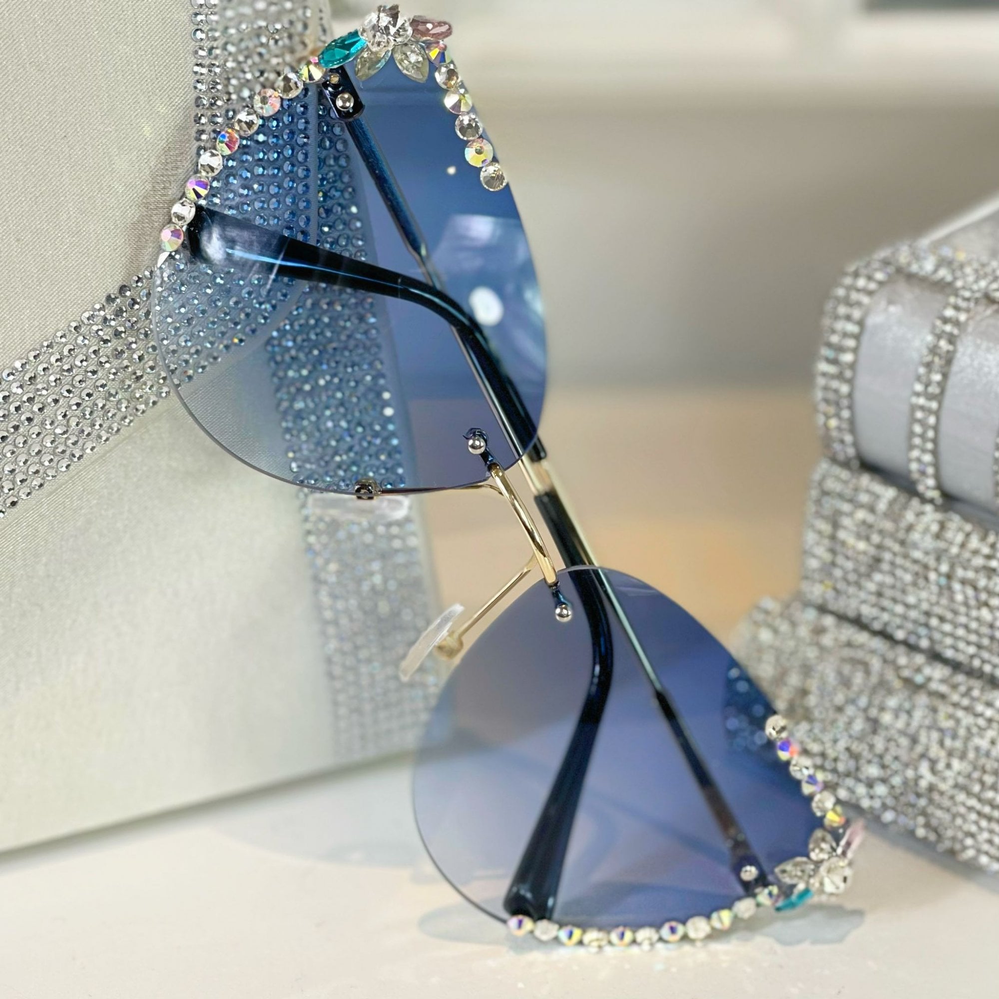 Crystal Celebrity Sunglasses Blue **4 WEEK WAITING LIST** with rimless Crystal Embellished Lenses