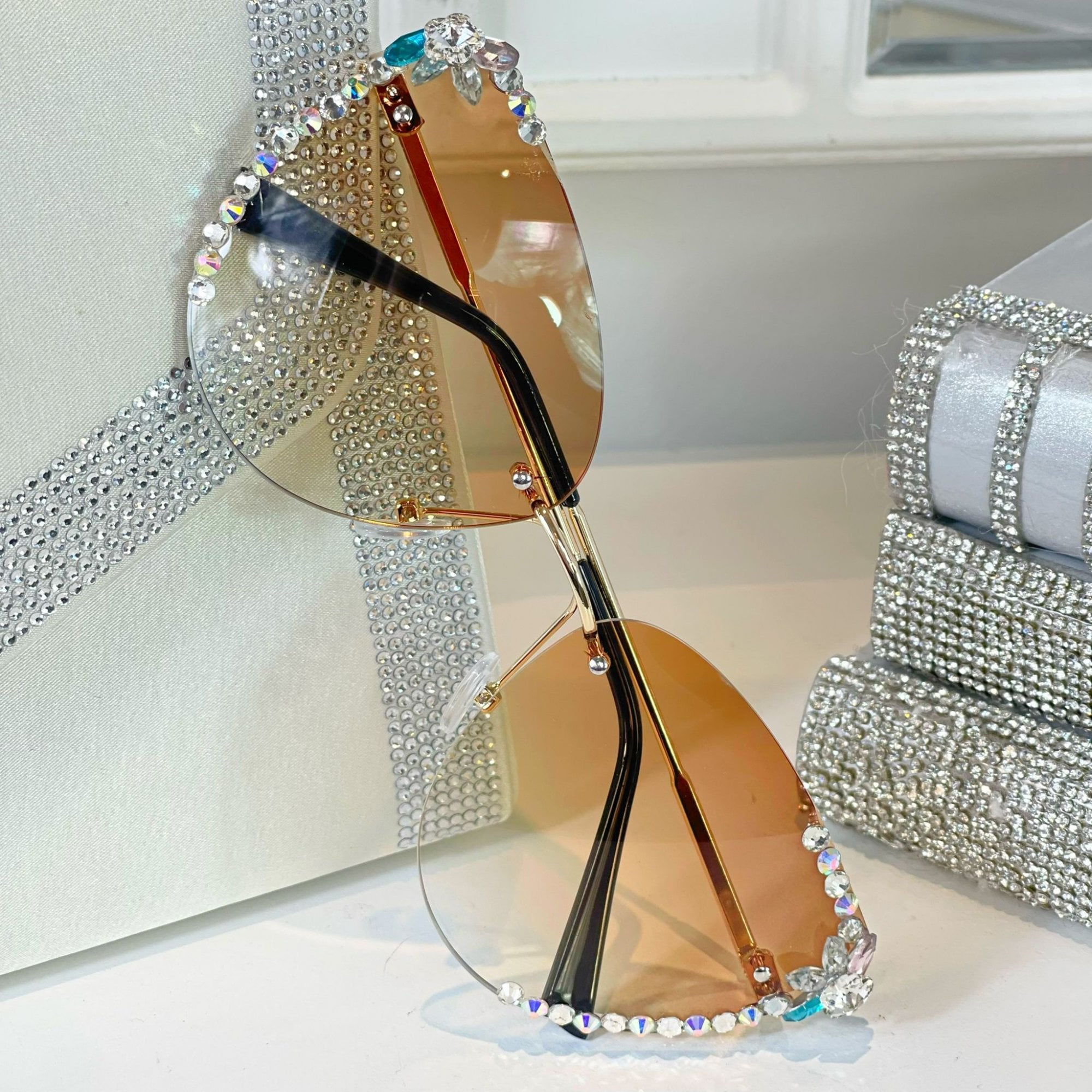 Crystal Celebrity Sunglasses Tan **4 WEEK WAITING LIST** designed with rimless Crystal Embellished Lenses
