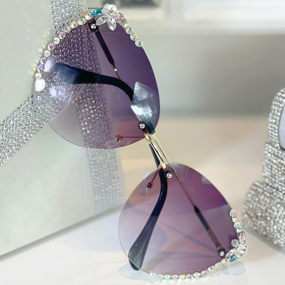 Crystal Celebrity Sunglasses Smokey Purple **4 WEEK WAITING LIST** featuring rimless Crystal Embellished Lenses