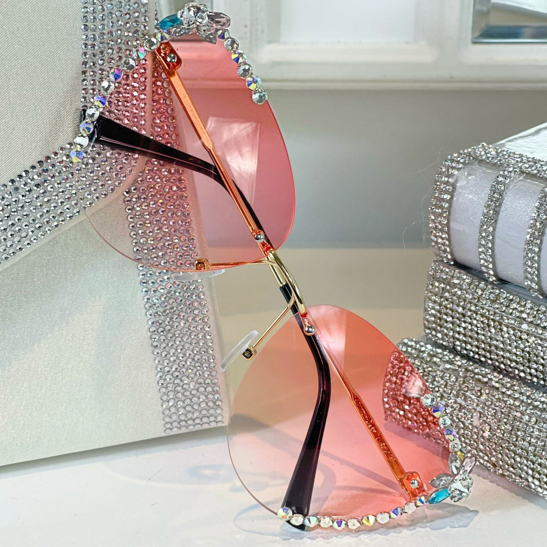Crystal Celebrity Sunglasses Pink **4 WEEK WAITING LIST** designed with rimless Crystal Embellished Lenses