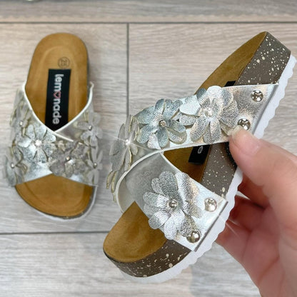 Little Lemmy Crystal Blossom Sandals Silver, focused on flower Decoration on Straps