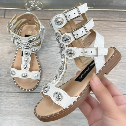 Little Lemmy Crystal Athena Sandals White, focused on high Ankle Straps