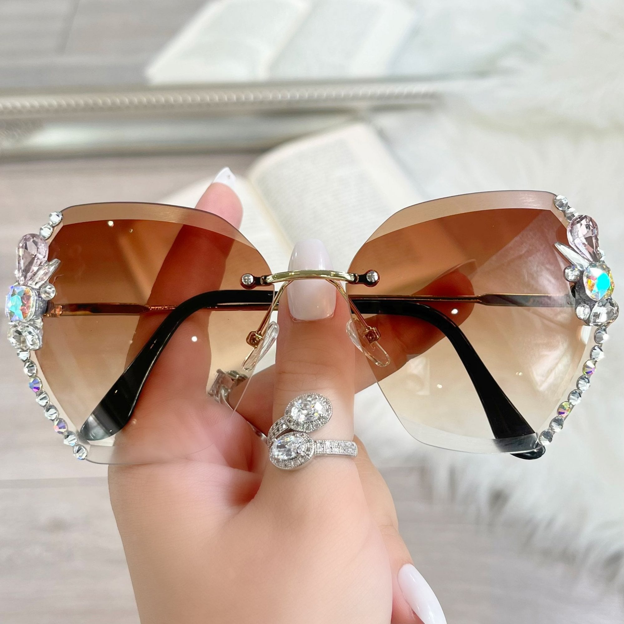 Crystal Glimmer Fashion Glasses Tan designed with rimless Lenses