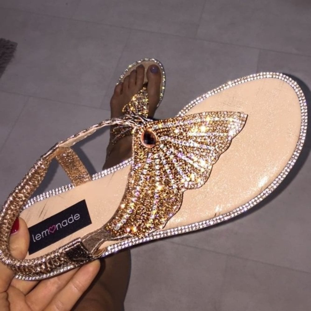 Crystal Couture Butterfly Sandals Rose Gold with elasticated Back Band