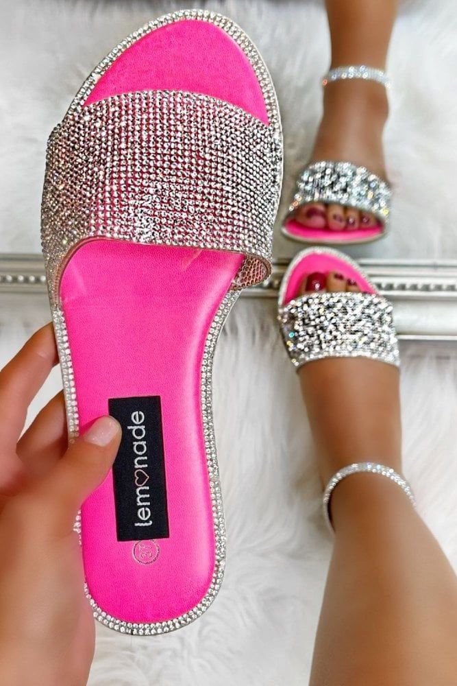Crystal Cinderella Sliders Neon Pink featuring crystal Embellished Band