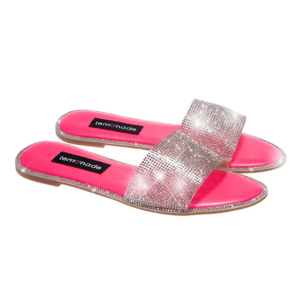 Crystal Cinderella Sliders Neon Pink, featuring lining: PVC