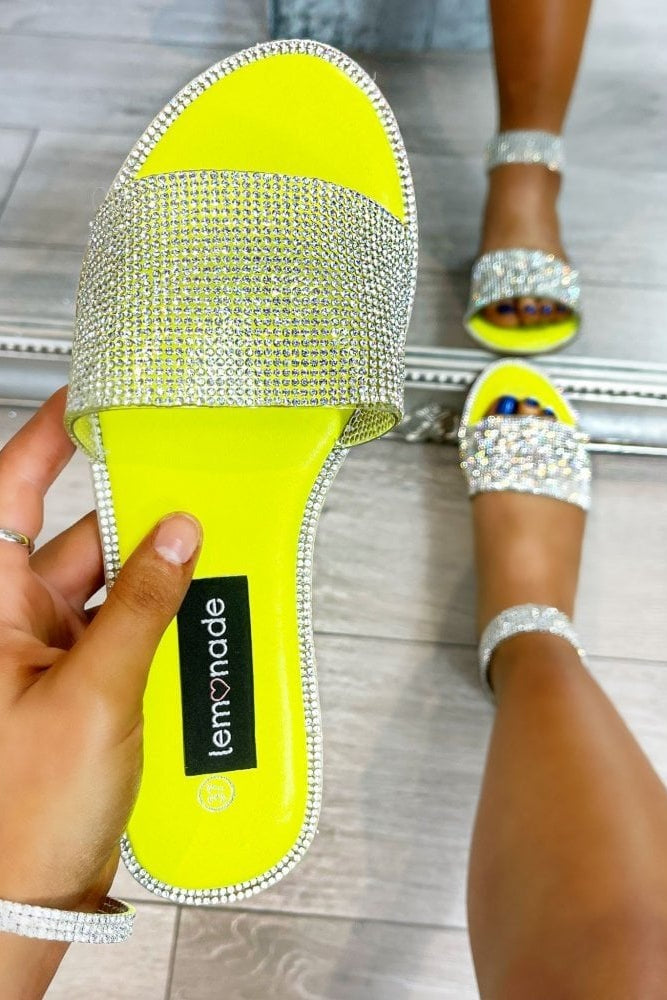 Crystal Cinderella Sliders Neon Yellow designed with crystal Embellished Band