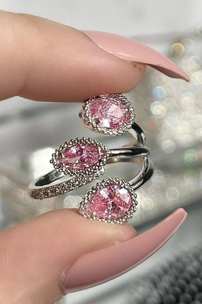 Crystal Triple Teardrop Ring Pink, shown from another angle