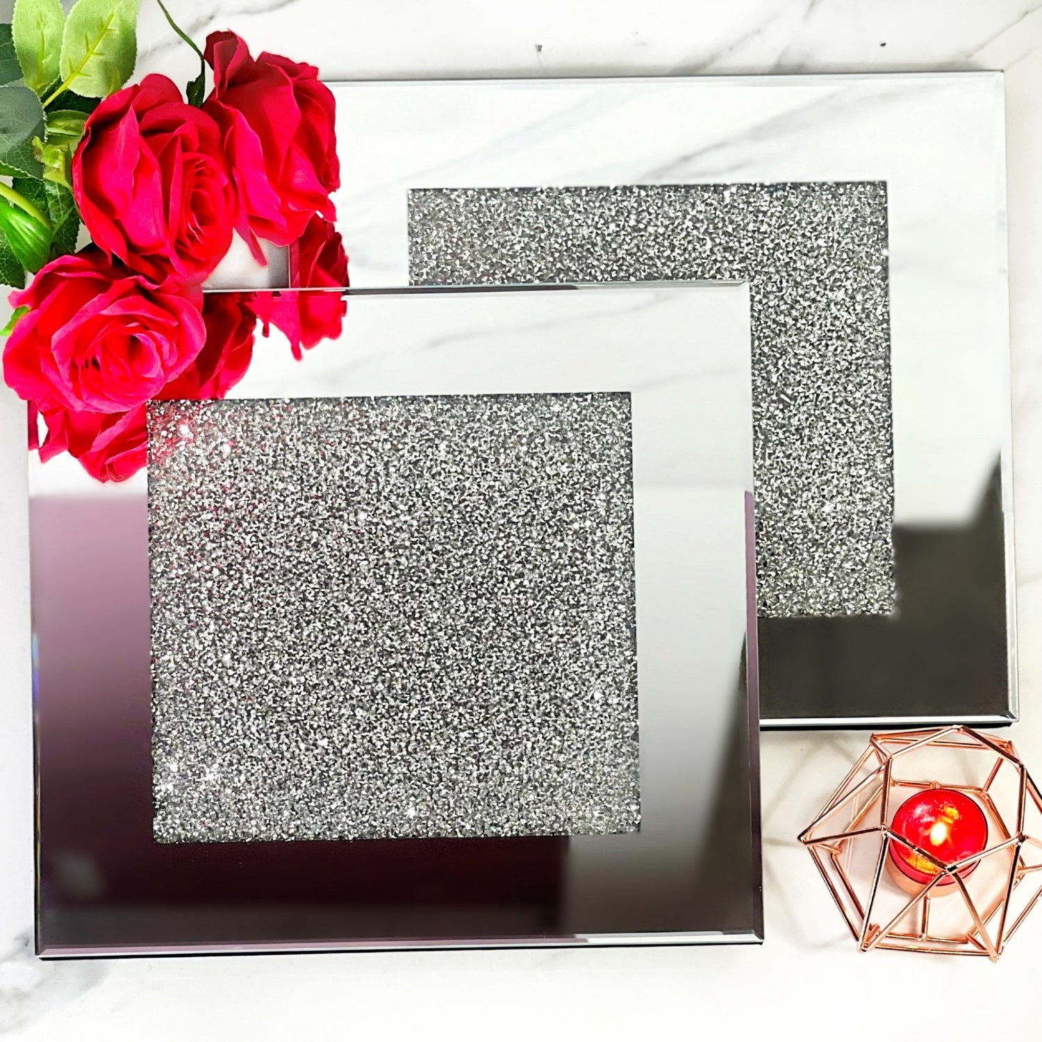 Crushed Ice Coasters Silver, featuring measurements of coasters: 10cm x 10 cm