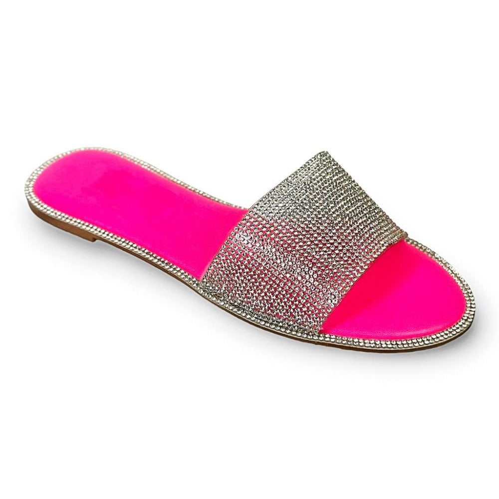 Crystal Cinderella Sliders Neon Pink, focused on padded Sole