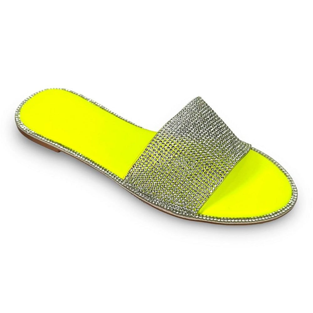 Crystal Cinderella Sliders Neon Yellow, capturing padded Sole