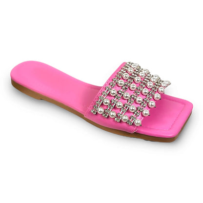 Crystal and Pearl Sliders Pink, featuring squared-Toe Design